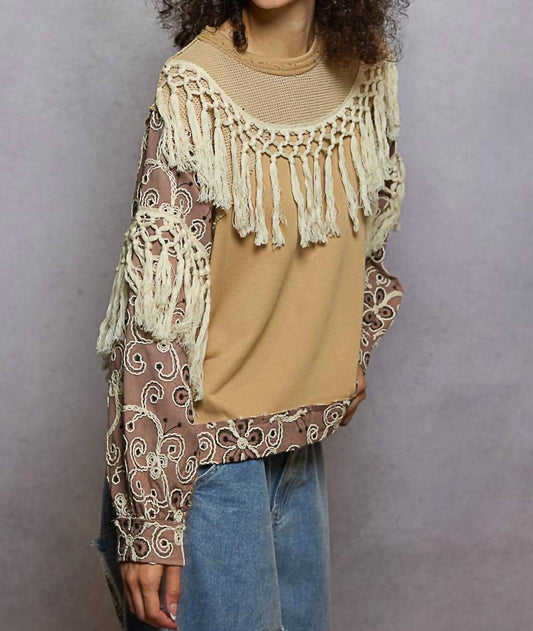 Pol - Round Neck French Terry Embroidered Sleeve Contrast Top