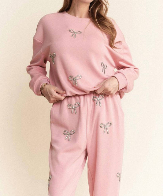 Davi & Dani - Rhinestone Bow Detail Soft Knit Sweatshirt Set
