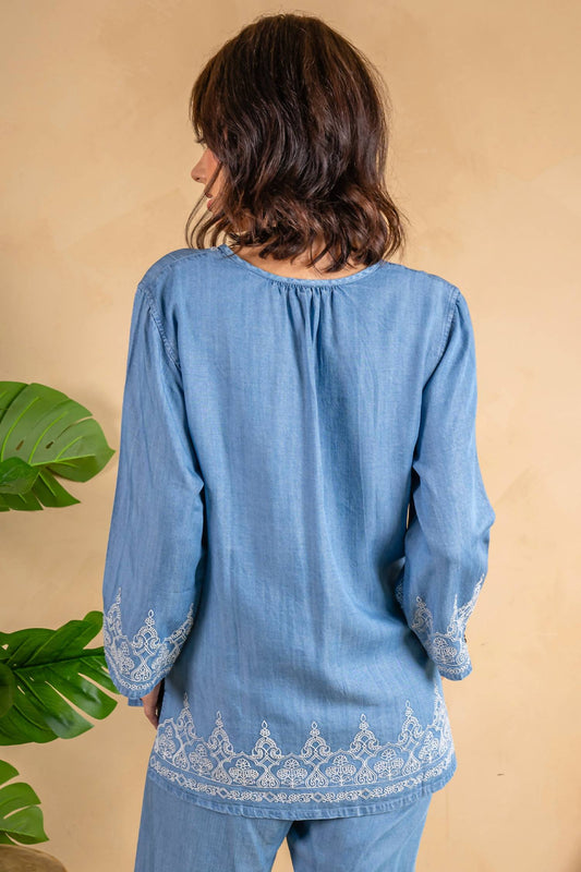 Paparazzi - Embroidered Tencel Long Sleeve Tunic Top