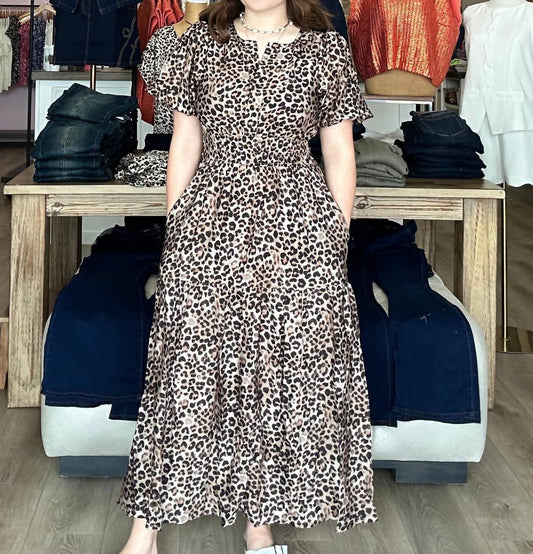 She + Sky - Short Puff Sleeve Woven Leopard Tiered Midi Dress
