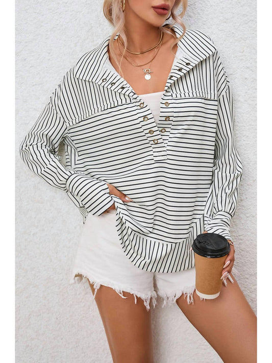 Umorger - Striped Thumbhole Drop Shoulder V Neck Top