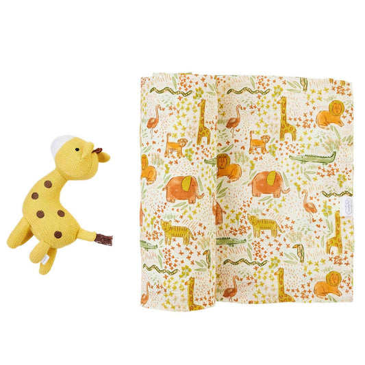 Mudpie - Kid's Safari Swaddle Blanket & Rattle Set