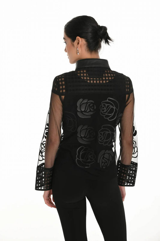 Frank Lyman - Women's Sheer Floral Mesh Jacket With Faux Leather Trim