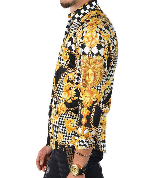 Barabas - Baroque Checker Rhinestone Long Sleeve Shirt