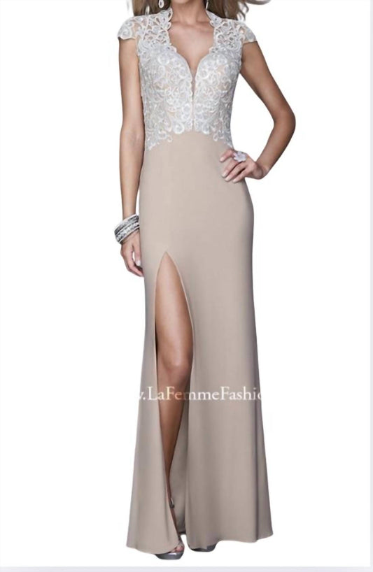 La Femme - jersey dress with an elegant embroidered bodice and sheer cap sleeves.