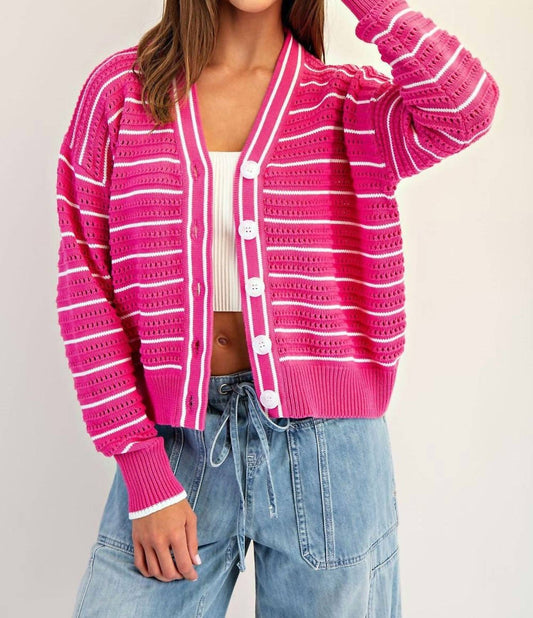 Ee:Some - Textured Open Stitch Striped Knit Cardigan