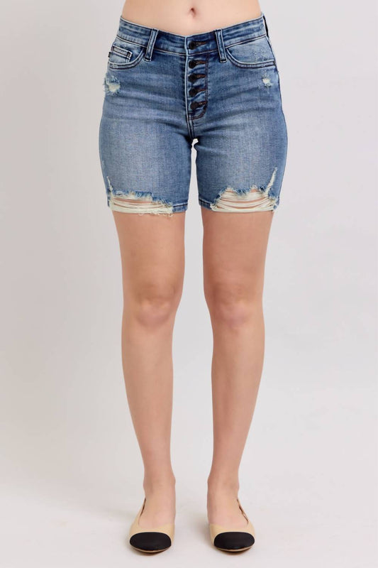 Judy Blue - Button Fly Mid Length Destroyed Shorts