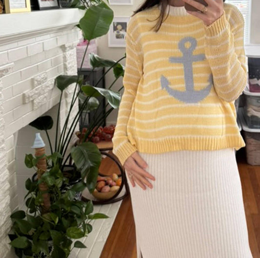 Wooden Ships - Anchor Striped Cotton Crew Sweater