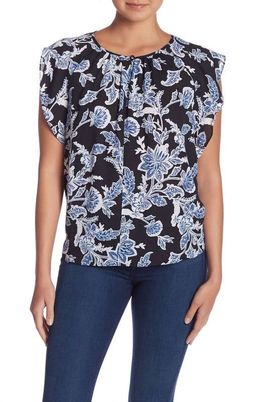 Vince Camuto - Flutter Sleeve Floral Print Keyhole Blouse