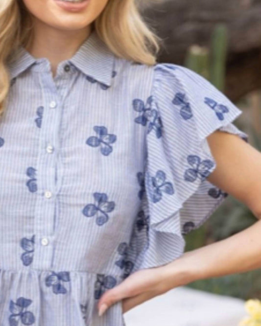 Voy - PEPLUM FLORAL AND STRIPED SHORT RUFFLE SLEEVE TOP