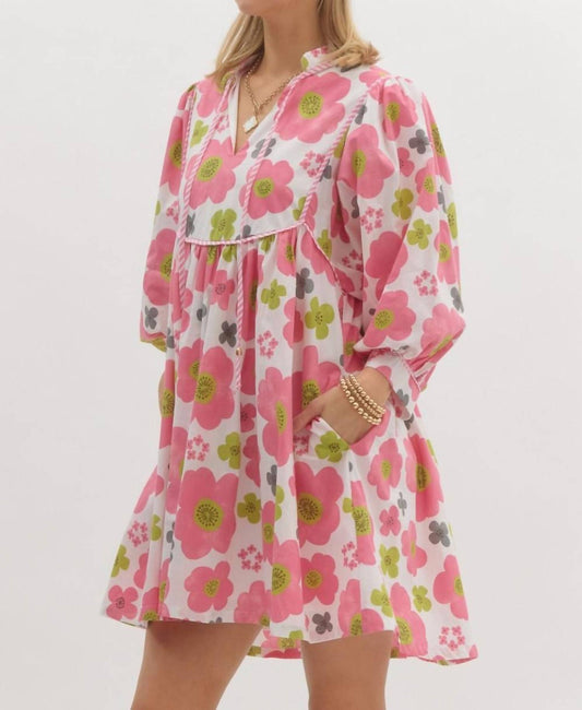 Entro - Floral Babydoll With Contrast Trim And Mid Sleeves Dress