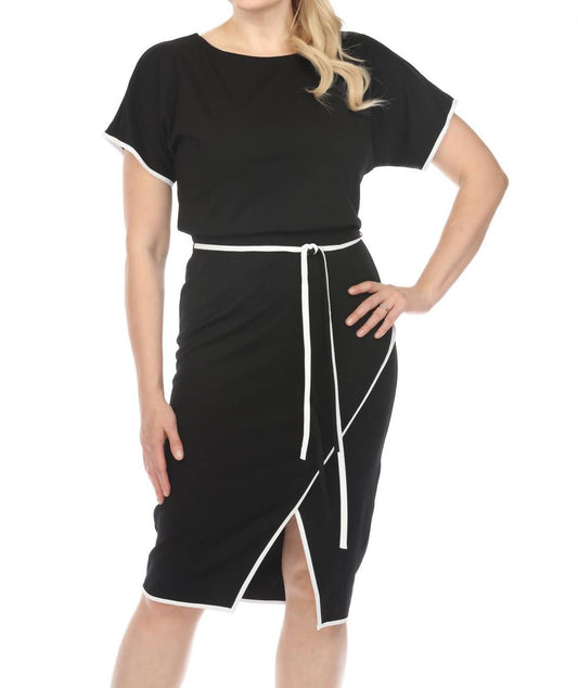 Joseph Ribkoff - Contrast Trim Waist Tie Front Slit Sheath Dress