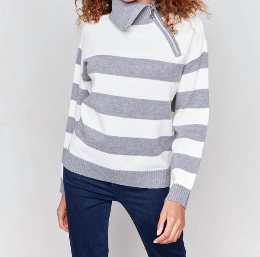 Charlie B - Striped Turtleneck Sweater with Zipper Detail