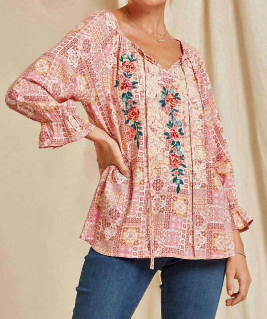 Andree By Unit - Aztec Embroidered Peasant Top
