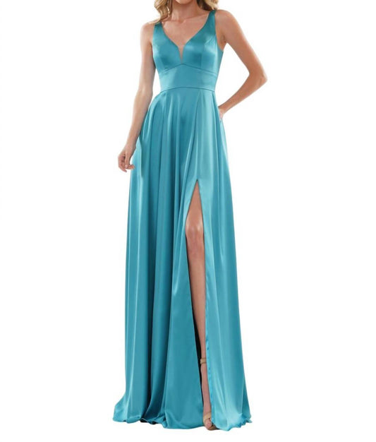 Colors Dress - Deep V-Neck Satin A-Line Gown