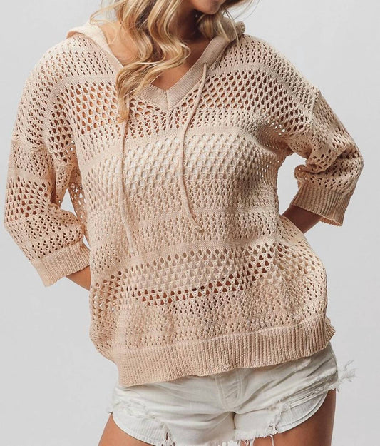 Bibi - Open Knit V-neck Hooded Lightweight Cover Up