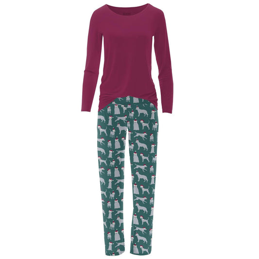Kickee - Women's Bamboo Print Long Sleeve Loosey Goosey Tee & Pajama Pants Set