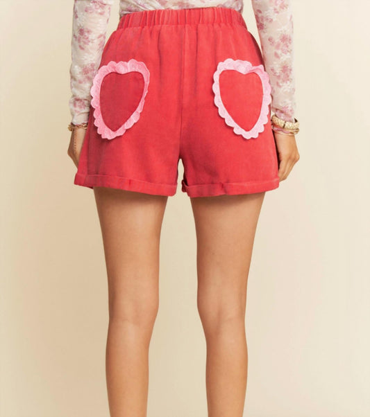 Davi & Dani - Denim Washed Heart Patch Elastic Band Waist Short