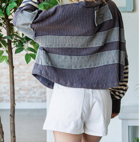 Oli & Hali - Mixed Fabric Long Sleeve Striped Top