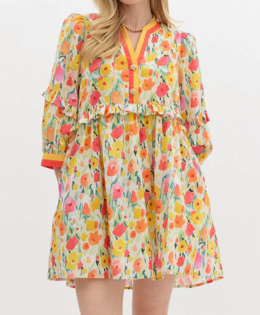 Entro - Floral Breeze Mini Dress with Ruffle Accents & Banded V-Neck Detail