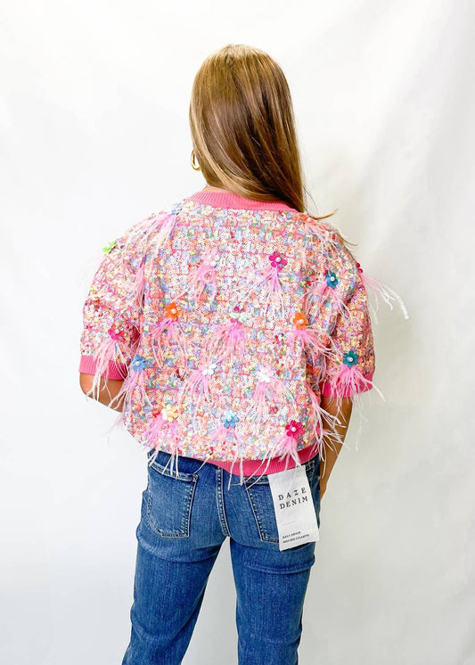 Queen Of Sparkles - Sequin Feather Sweater Top