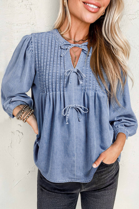 Shewin - Bow Tie Puff Sleeve Top