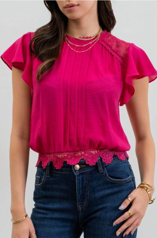 Mine - Solid Ruffle Sleeve Back Tie Lace Trim Top