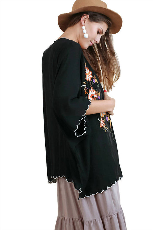 Umgee - Floral Embroided Scallop Hem Kimono