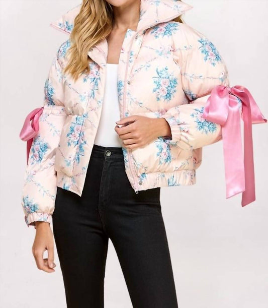 Pretty Follies - Long Sleeve Floral Ribbon Puffer Coat