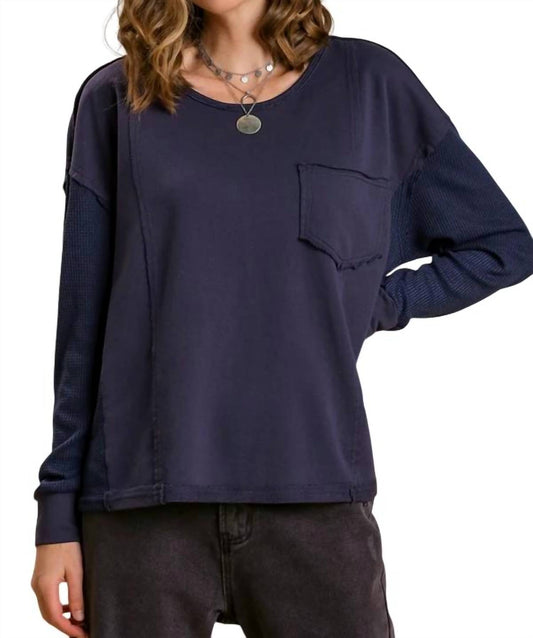 Umgee - Round Neck Top With Waffle Knit Long Sleeve