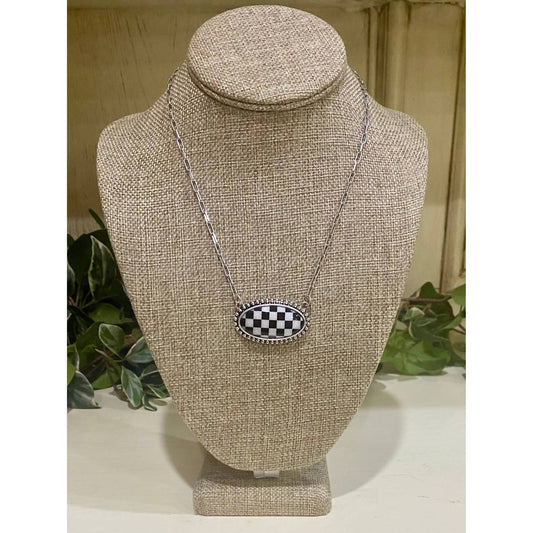 Pink Panache - Women's Checkerboard Oval Pendant Necklace