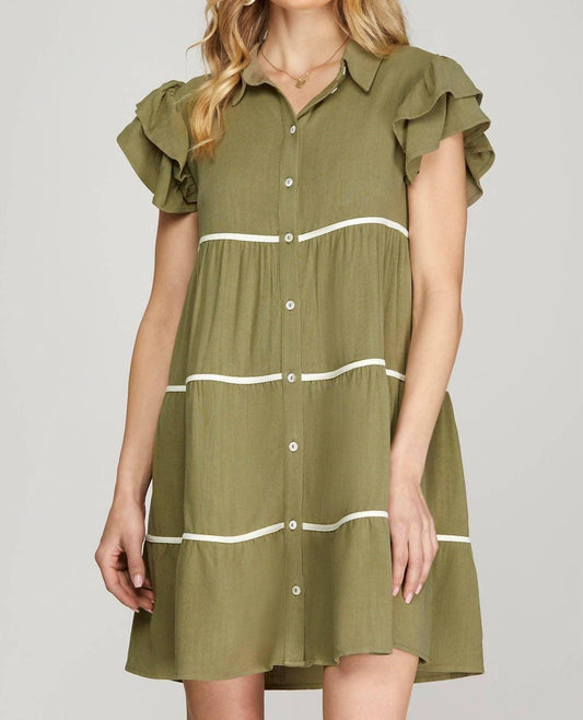 She + Sky - Ruffle Sleeve Woven Tiered Button Down Dress