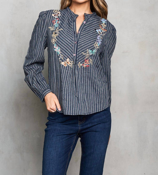 Paparazzi - Embroidered Yarn Dye Stripe Prairie Blouse