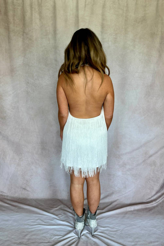 Fore - Fringe Low Back Halter Dress