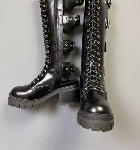 Jeffrey Campbell - Women's Tank Girl Back Buckle Cut Out Lace Up Chunky Heeled Boot Combat