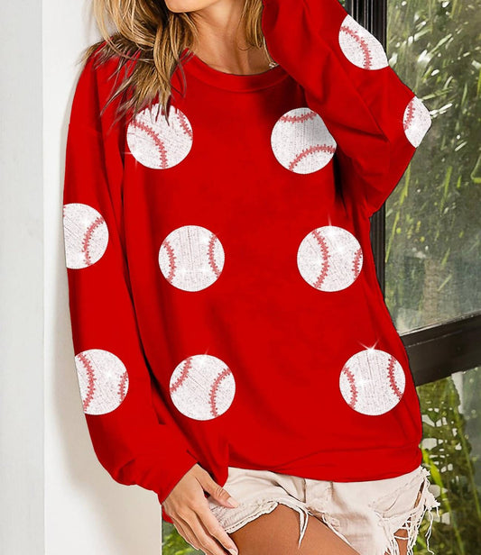 Bibi - Sequin Baseball Patches French Terry Pullover Top