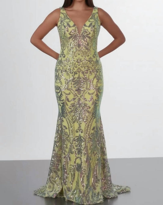 Jovani - V Neck Open Back Dress