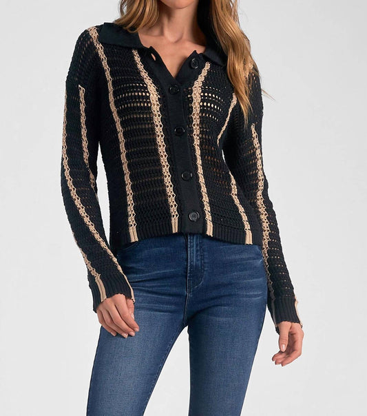 Elan - Crochet Button Down Sweater - black - clothing - cotton - blend