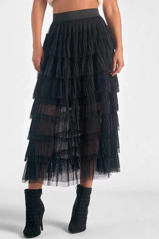Elan - Tulle Layered Midi Skirt - black - clothing - knee - length - skirts