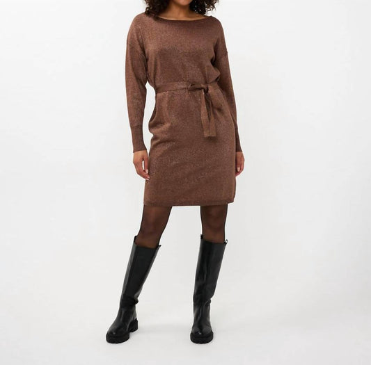 Esqualo - Wide Lurex Shimmer Belted Dress - brown - clothing - cotton - blend