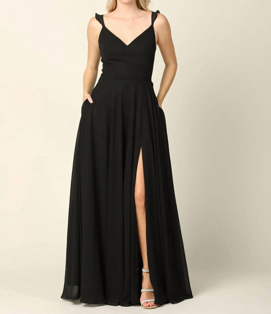 Eva - Adrianna Ruffle Sleeve Chiffon Dress with Front Slit - black - clothing - dresses