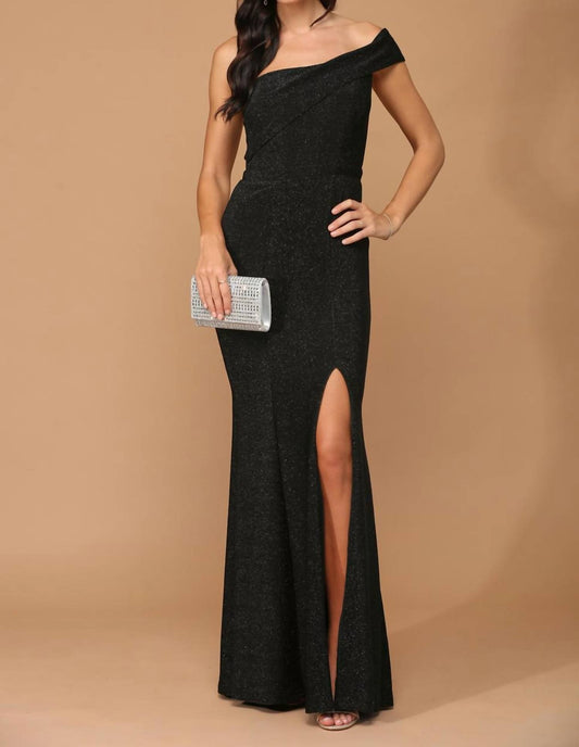 Eva - Athens Stretch One Shoulder Metallic Dress With Front Slit - black - clothing - dresses