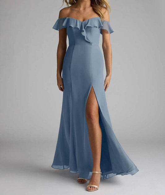 Eva - Madrid Off Shoulder Flutter Detail Chiffon Evening Slit Dress - blue - clothing - dresses