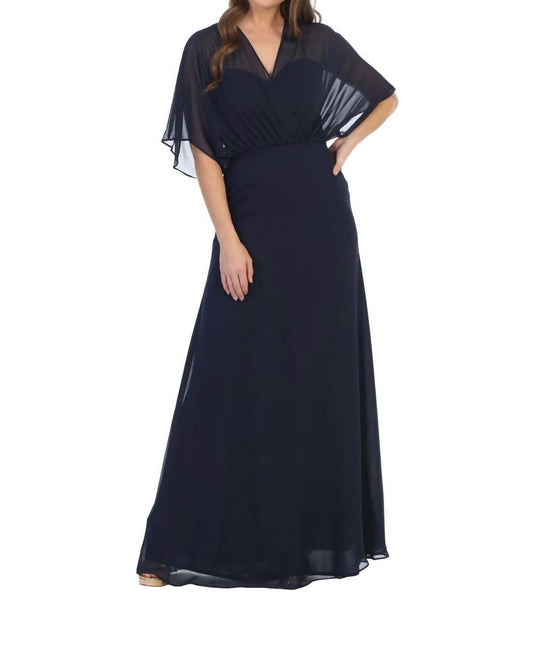Eva - Mia Chiffon Draped Sleeve Formal Evening Dress - blue - clothing - dresses