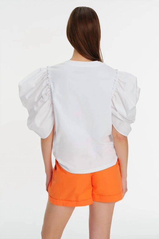 Exquise - Balloon Sleeve Crew Neck Embroidered Cotton T-shirt - clothing - cotton - patterned