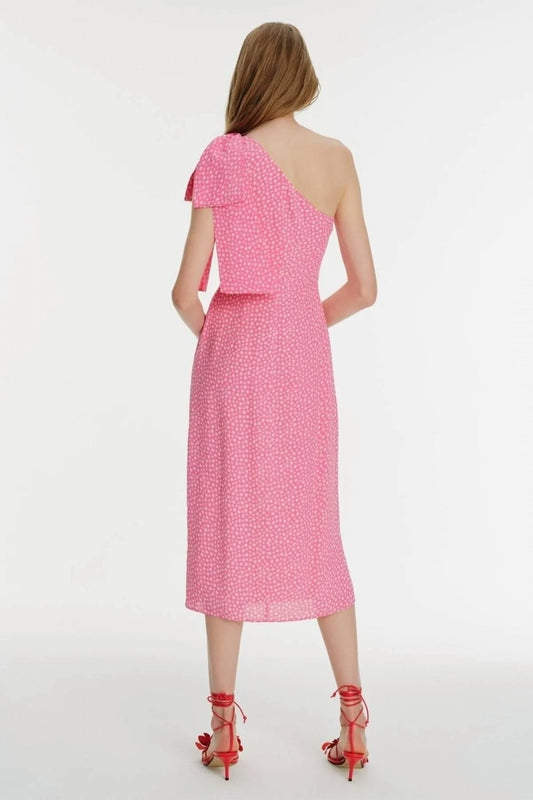 Exquise - Bow Detailed One Shoulder Patterned Midi Dress - clothing - dresses - floral