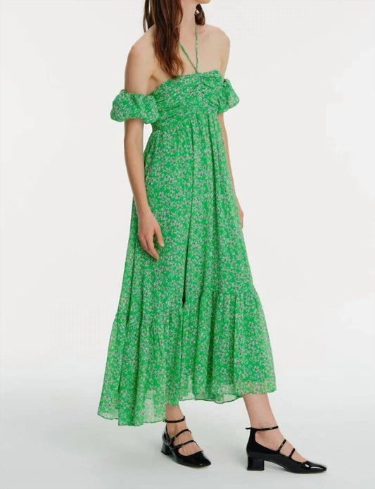 Exquise - Halter Neck Front Gathered Floral Midi Chiffon Dress - clothing - dresses - floral