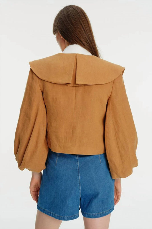 Exquise - Linen Jacket With Sleeve And Collar Details - blazers - brown - clothing