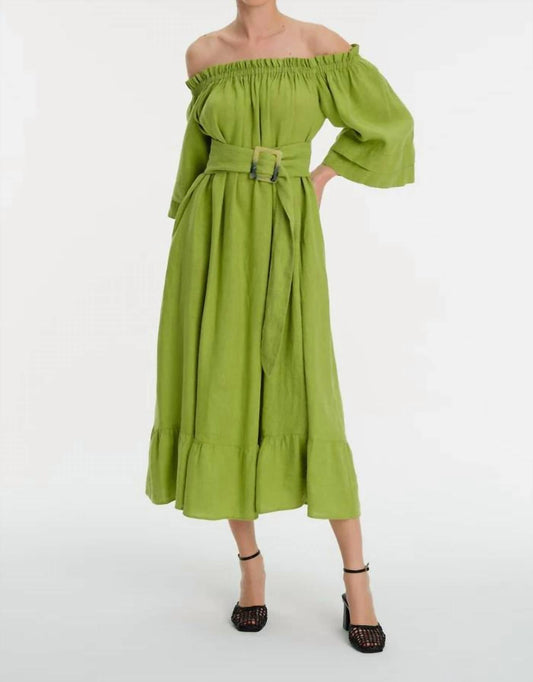 Exquise - Off Shoulder Pleated Midi Linen Dress - clothing - dresses - green
