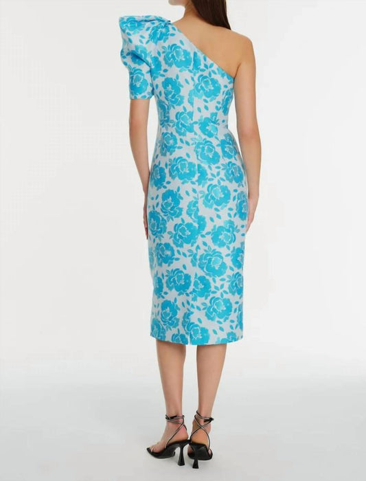 Exquise - One Shoulder Floral Patterned Midi Dress - blue - clothing - dresses